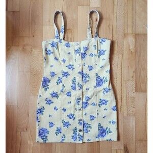 2/$15 Forever 21 Yellow Blue Floral Denim Overall Dress, Medium